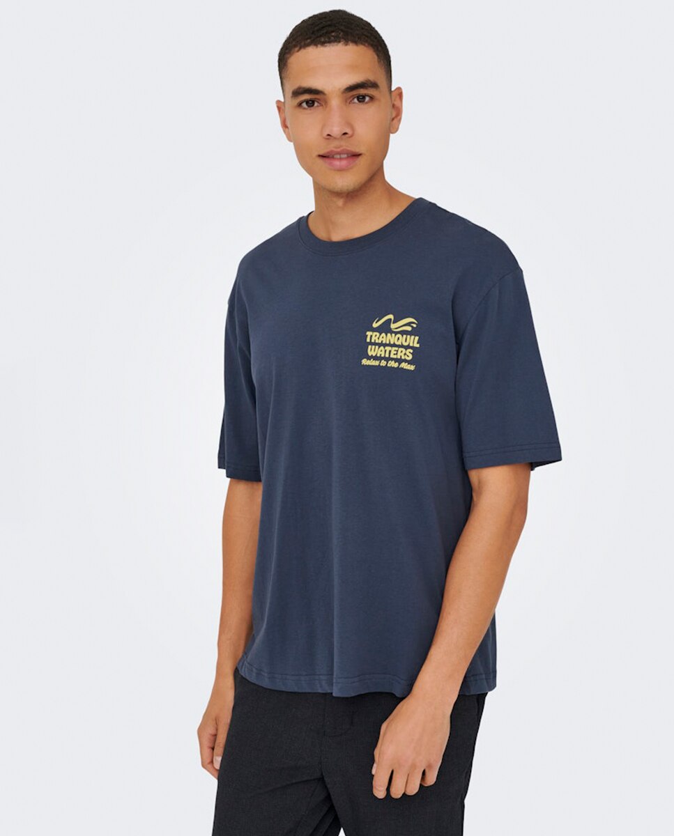 T-shirt Relaxed Fit com Manga Curta Azul-4