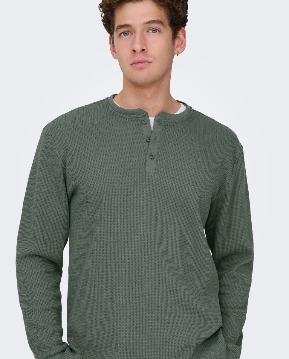 Camisola de Manga Comprida com Gola Henley Cinzento-2