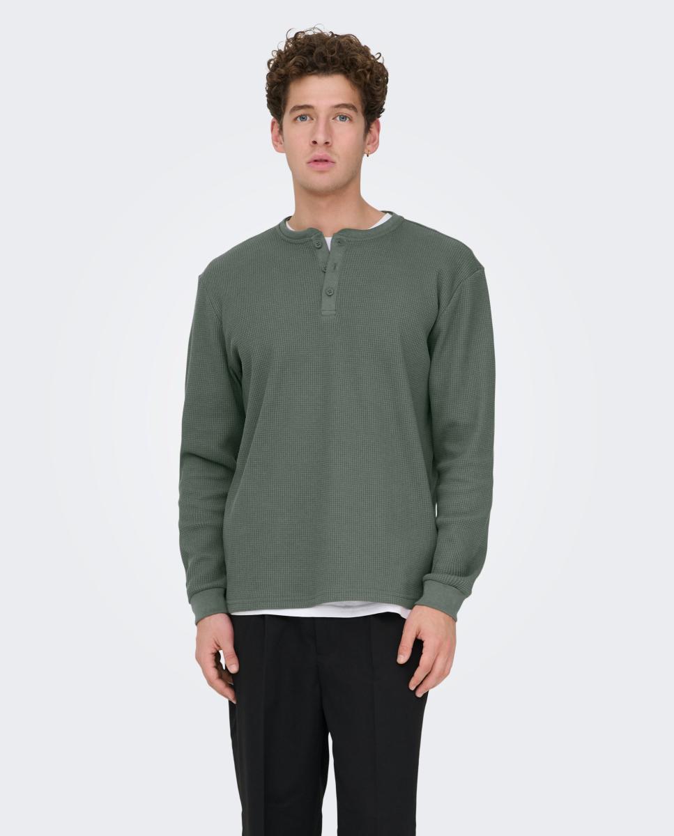 Camisola de Manga Comprida com Gola Henley Cinzento-3