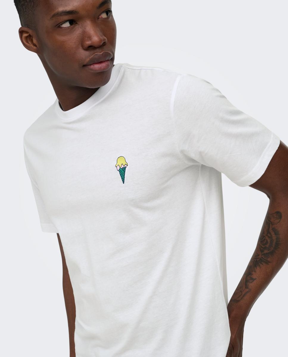Camiseta de hombre de manga corta y detalle bordado - Only & Sons - Blanco Blanco-3