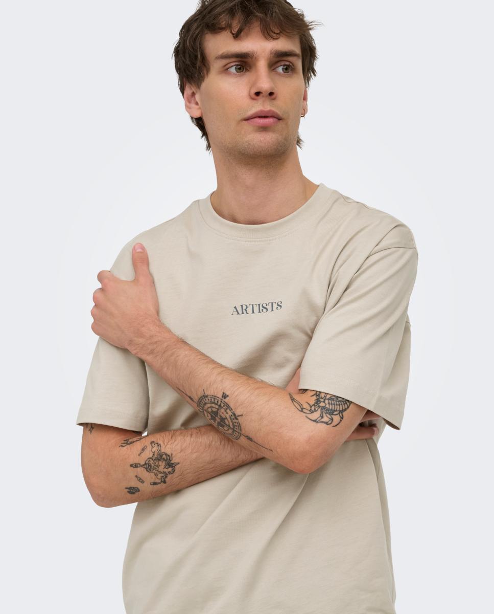 T-shirt de Manga Curta e Estampado Traseiro Bege-4