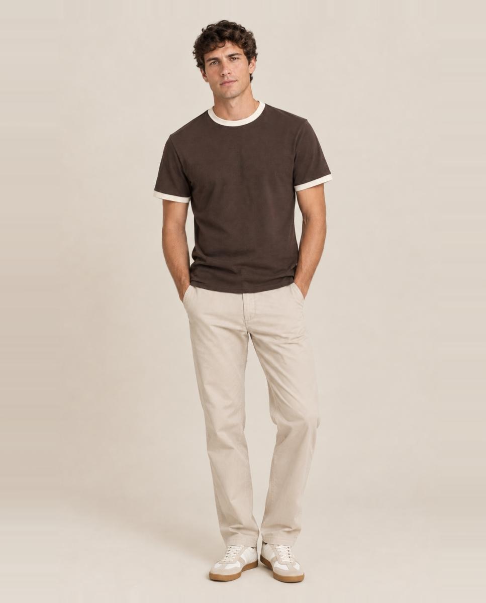 T-shirt Regular Fit com Gola e Mangas em Contraste Castanho-2