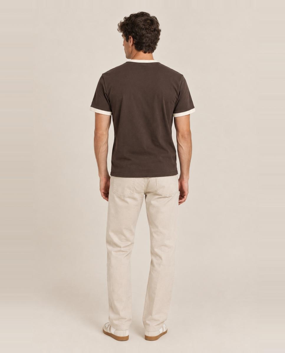 T-shirt Regular Fit com Gola e Mangas em Contraste Castanho-3