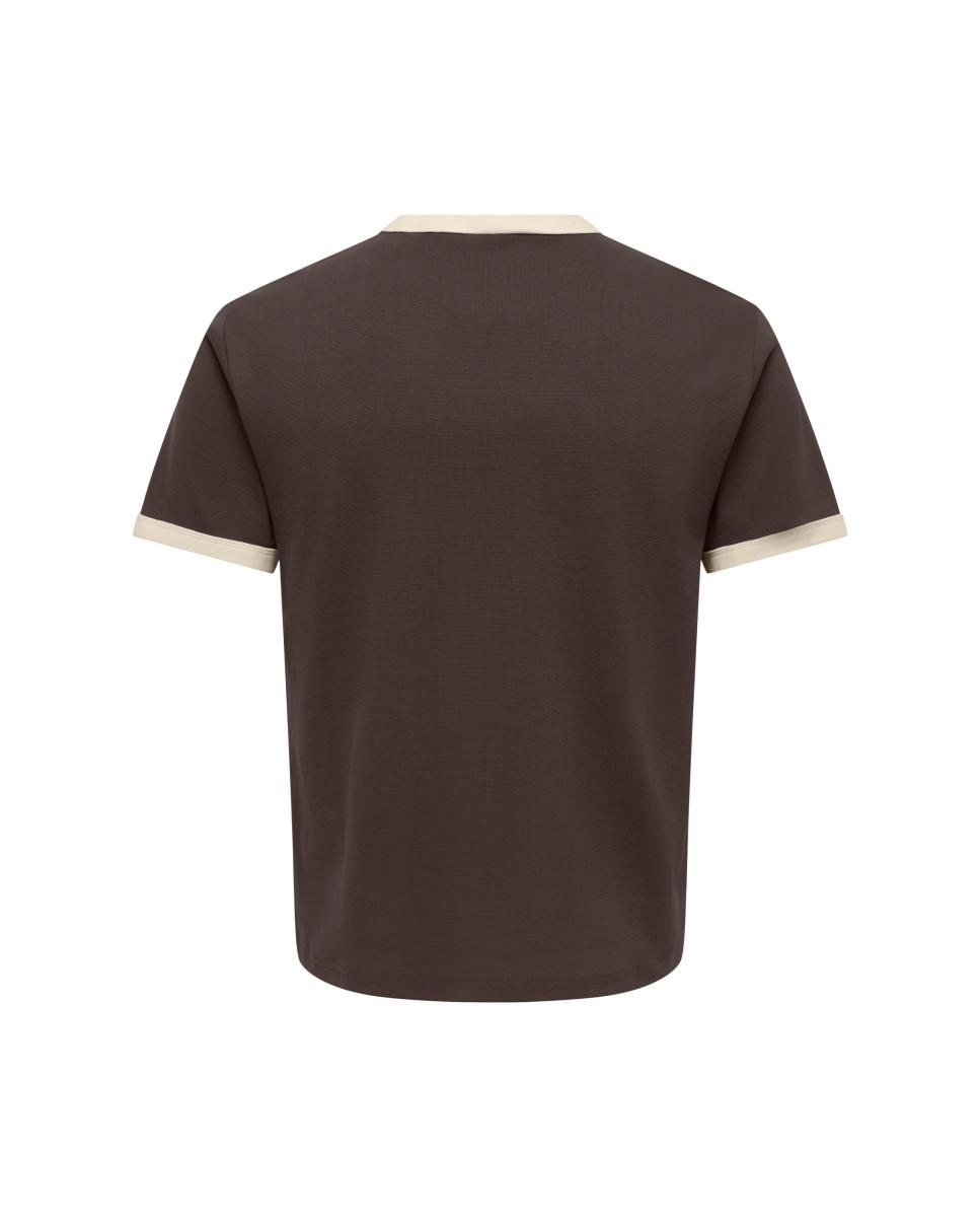 T-shirt Regular Fit com Gola e Mangas em Contraste Castanho-5
