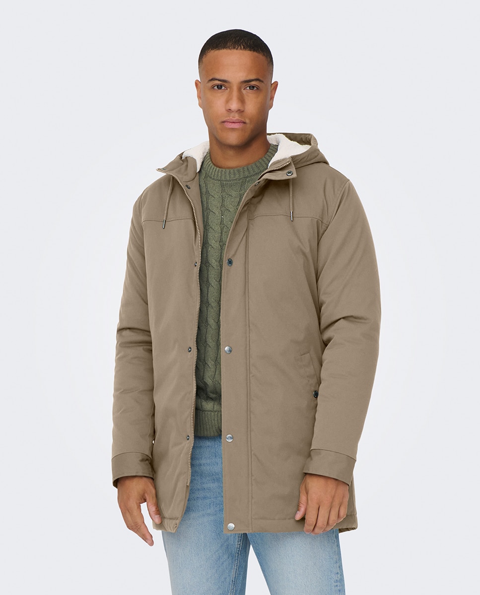 Sobretudo Acolchoado Regular Fit com Capuz Castanho-claro-1