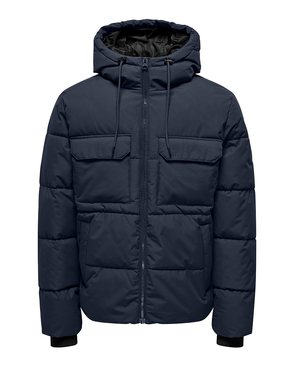 Sobretudo Acolchoado Regular Fit com Capuz Azul-marinho-3