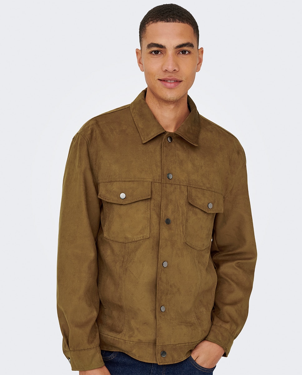 Blusão Regular Fit de Camurça Castanho-3
