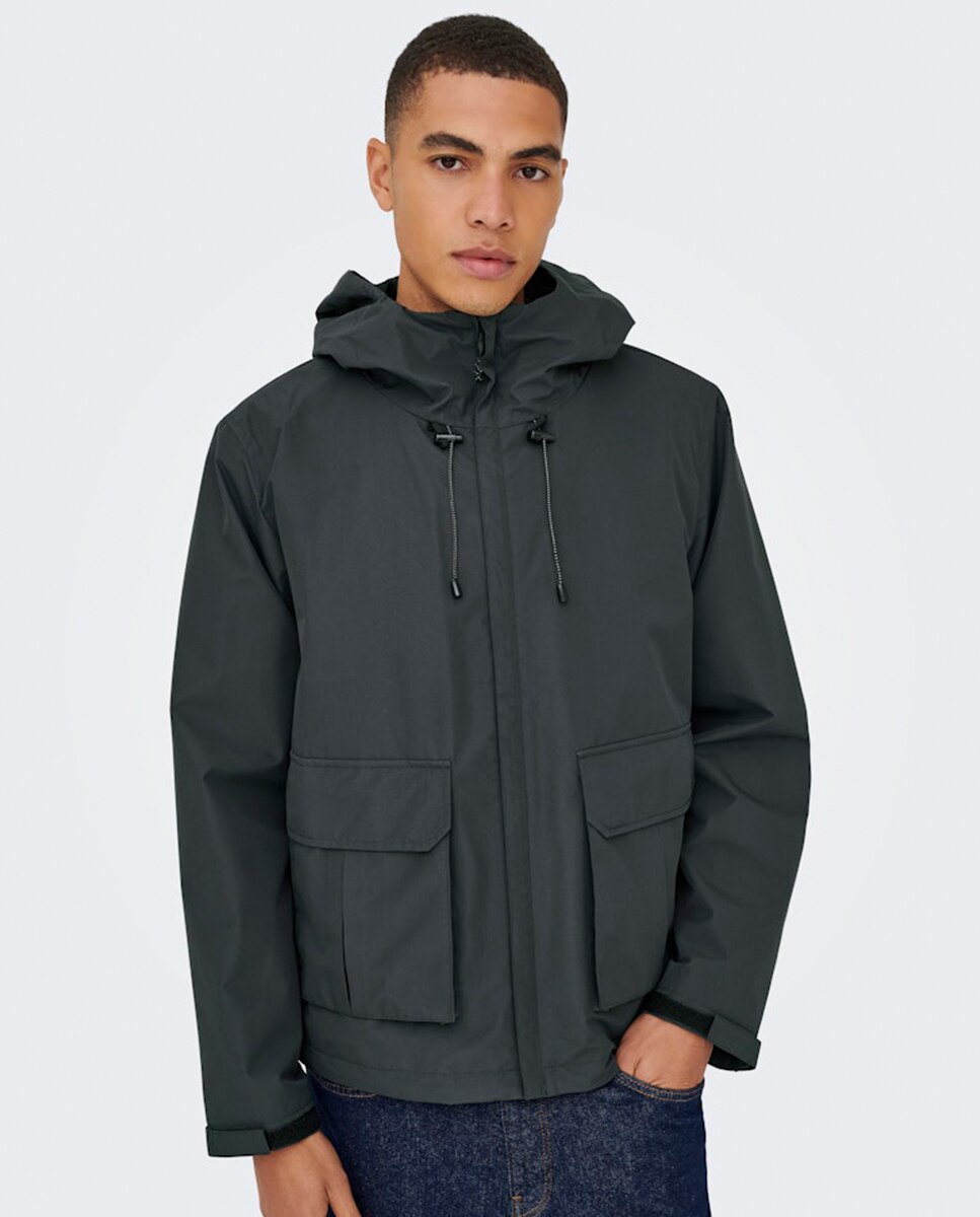 Impermeável Regular Fit com Capuz Cinzento-escuro-3