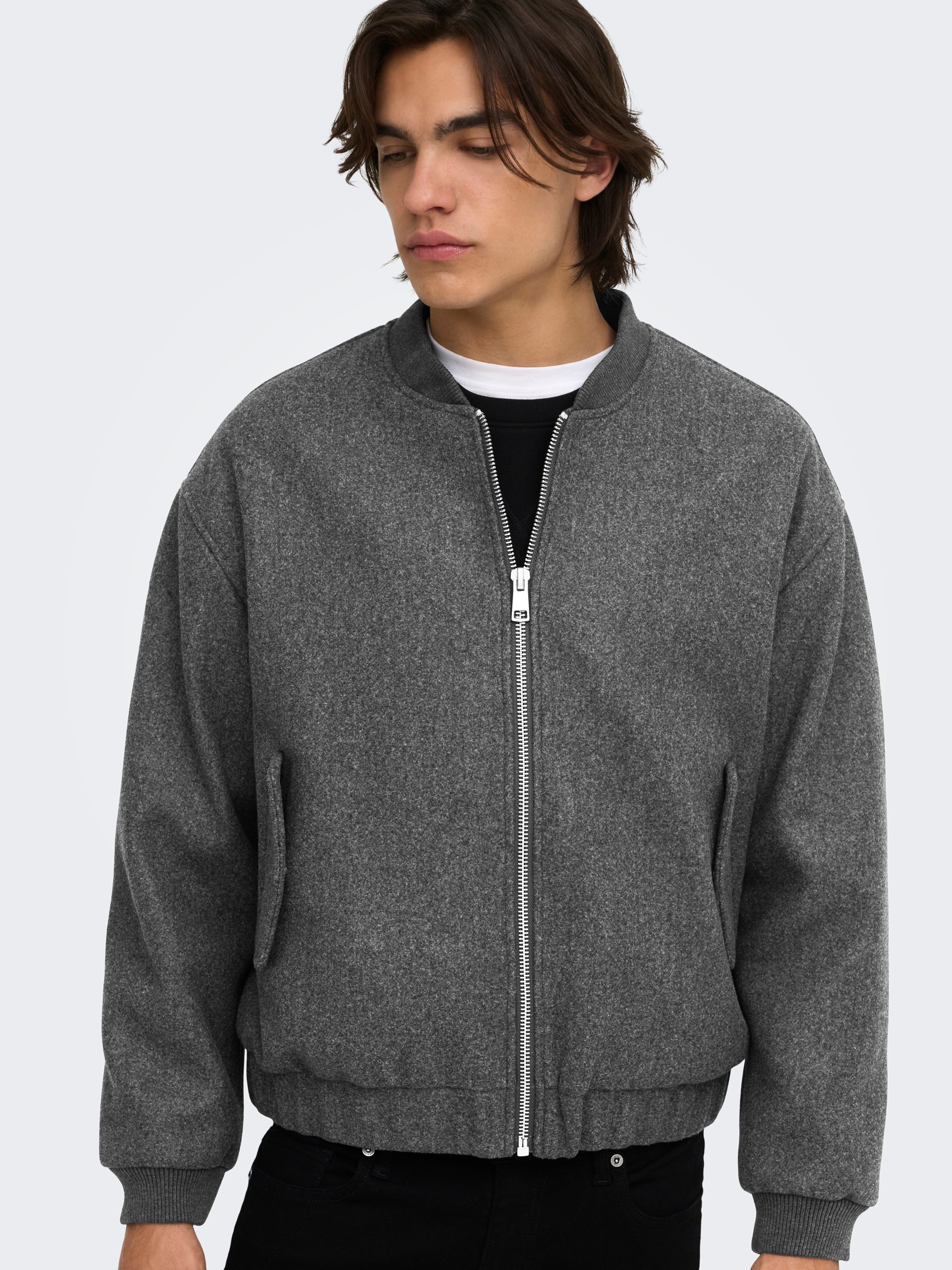 Casaco Bomber de Homem Efeito Melange Cinzento-4