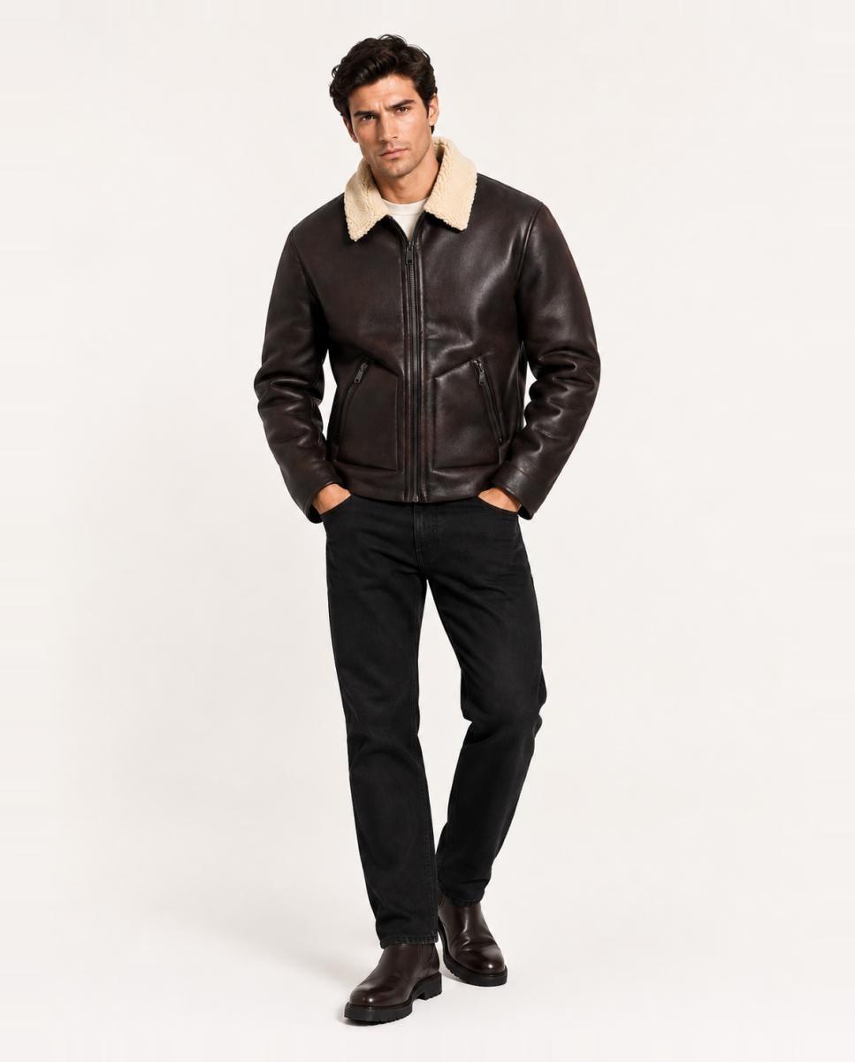 Imagen 5 de Chaqueta de hombre de polipiel estilo biker. - Only & Sons - Marrón oscuro Marrón oscuro