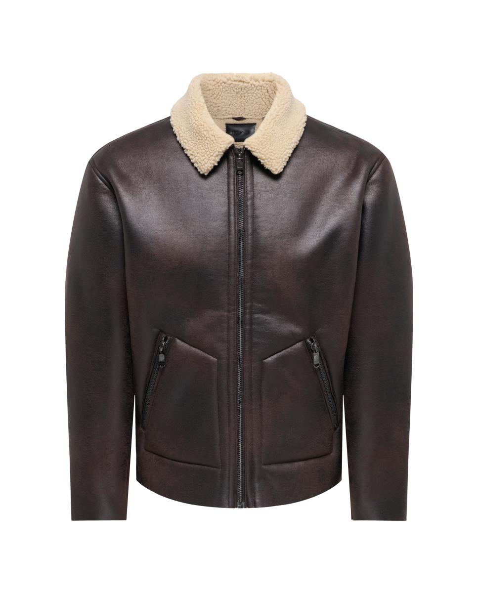 Imagen 3 de Chaqueta de hombre de polipiel estilo biker. - Only & Sons - Marrón oscuro Marrón oscuro