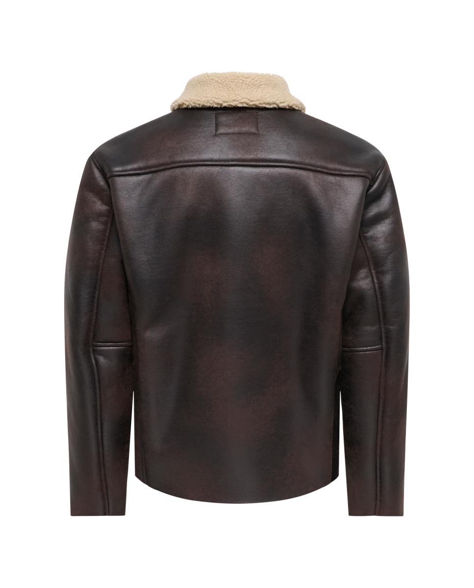Imagen 4 de Chaqueta de hombre de polipiel estilo biker. - Only & Sons - Marrón oscuro Marrón oscuro