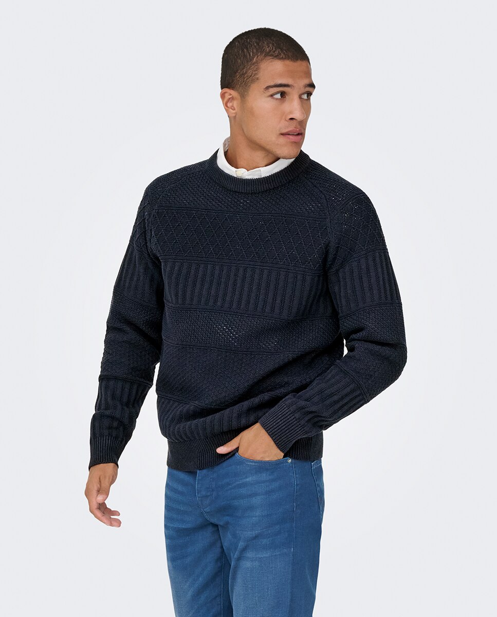 Camisola de Malha Regular Fit com Estrutura Azul-marinho-1