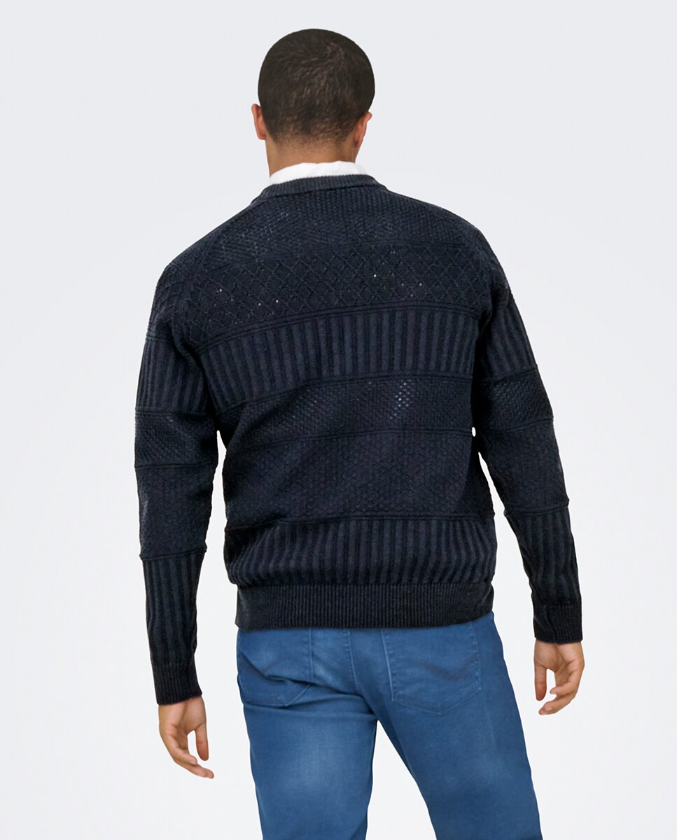 Camisola de Malha Regular Fit com Estrutura Azul-marinho-2