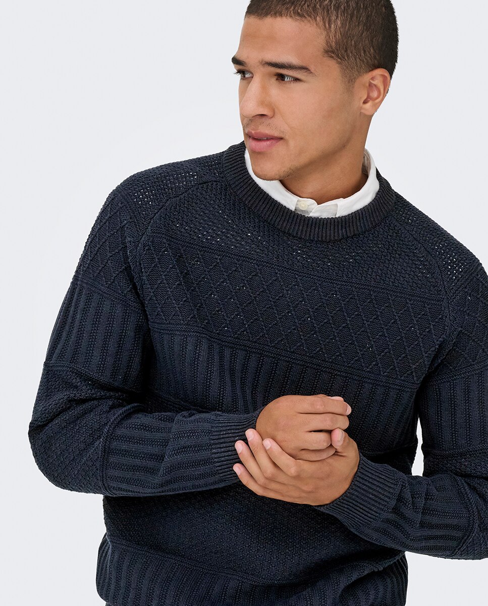 Camisola de Malha Regular Fit com Estrutura Azul-marinho-3