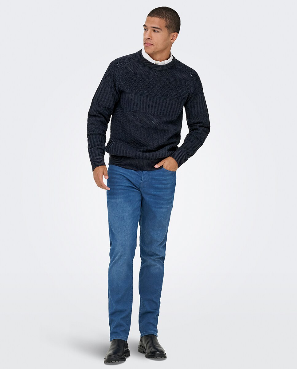 Camisola de Malha Regular Fit com Estrutura Azul-marinho-7