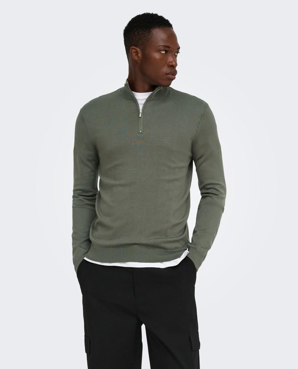 Jersey de hombre con cuello alto y cremallera hasta el pecho - Only & Sons - Gris Gris-1