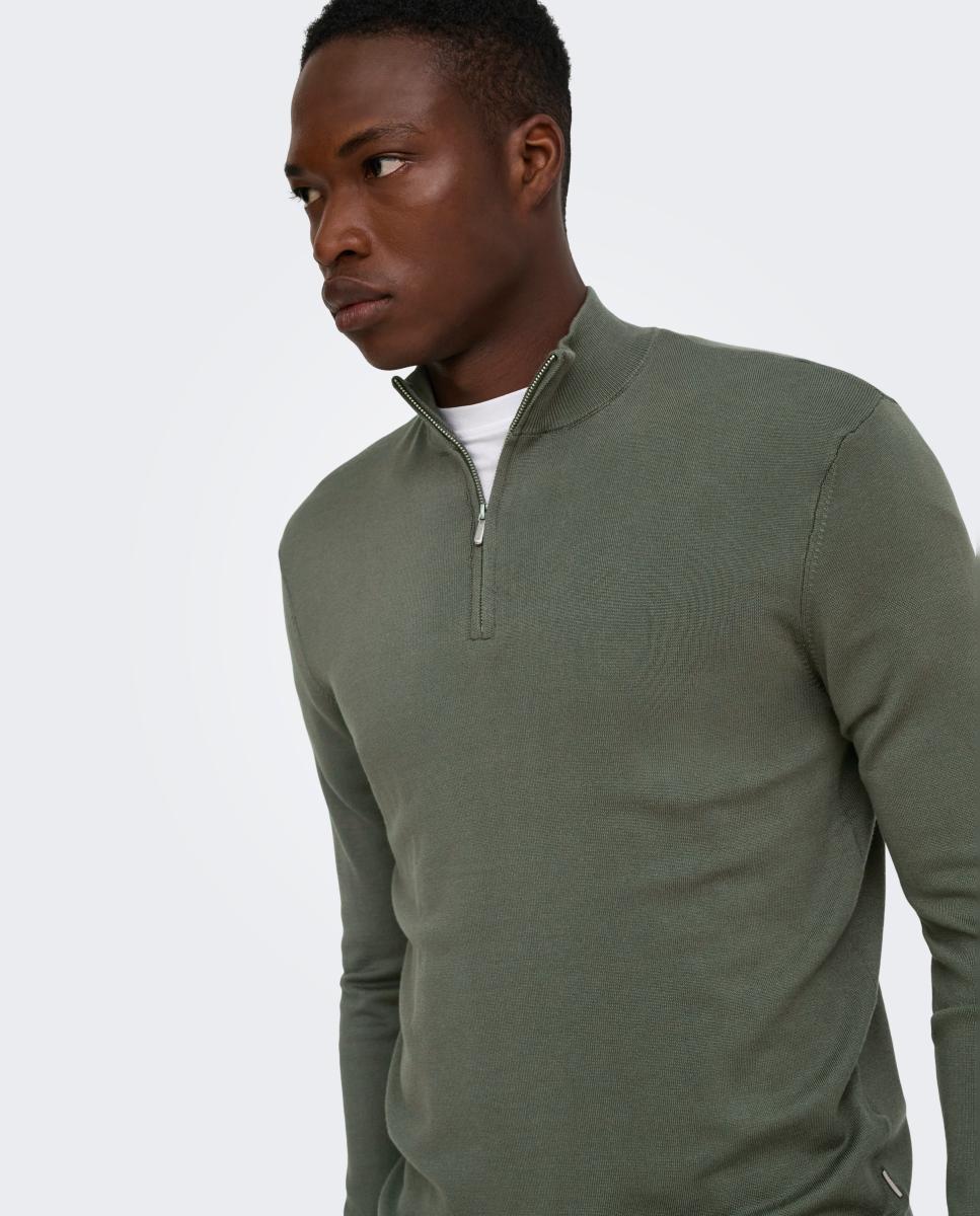 Jersey de hombre con cuello alto y cremallera hasta el pecho - Only & Sons - Gris Gris-2