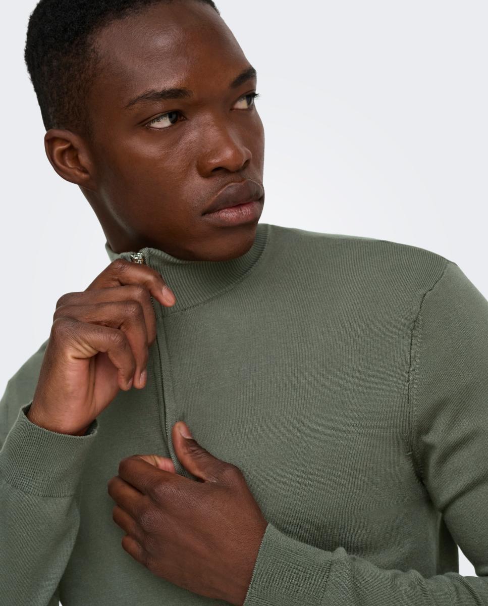 Jersey de hombre con cuello alto y cremallera hasta el pecho - Only & Sons - Gris Gris-3