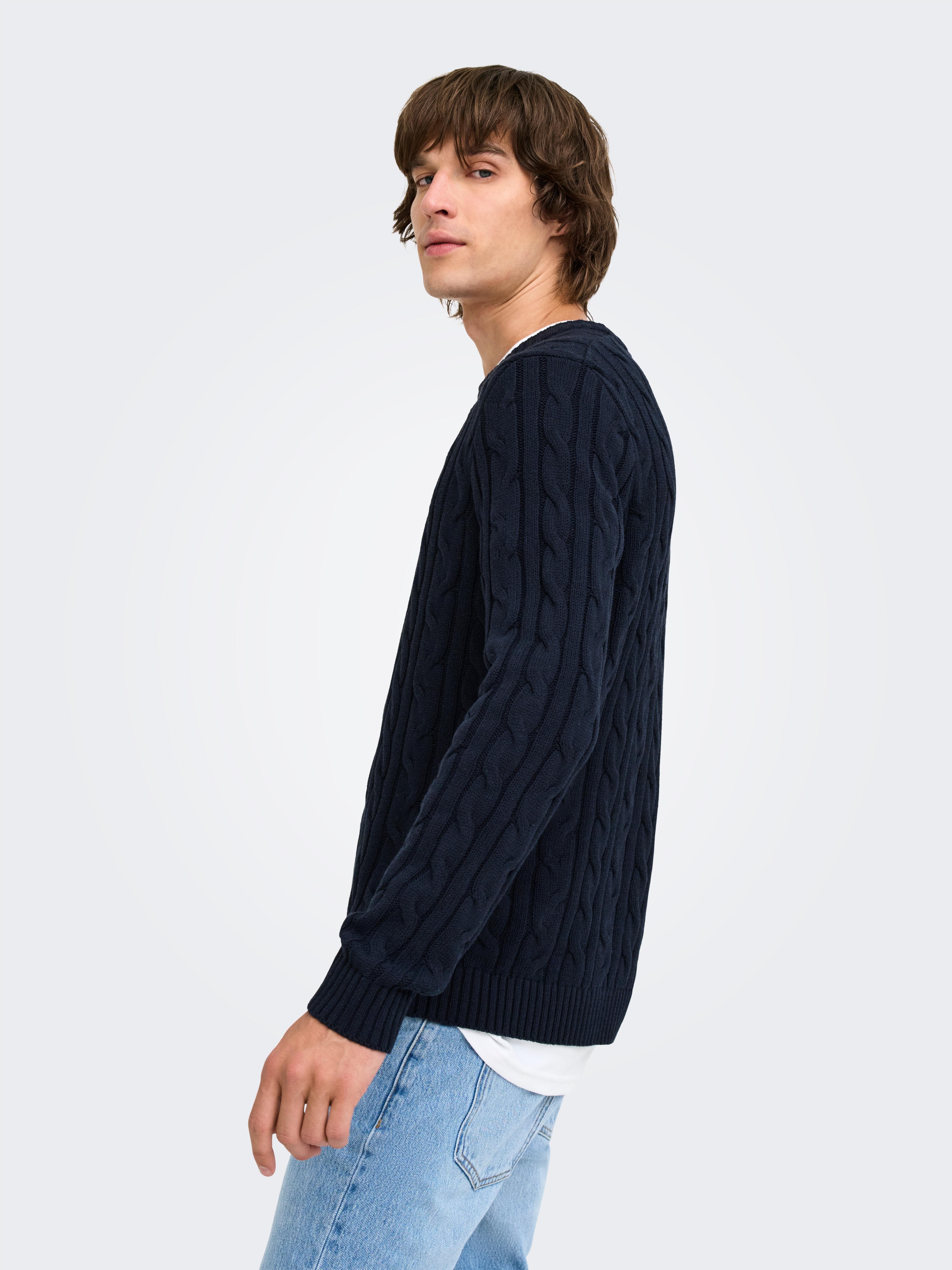 Camisola de Malha Entrançada e Gola Redonda Azul-marinho-2
