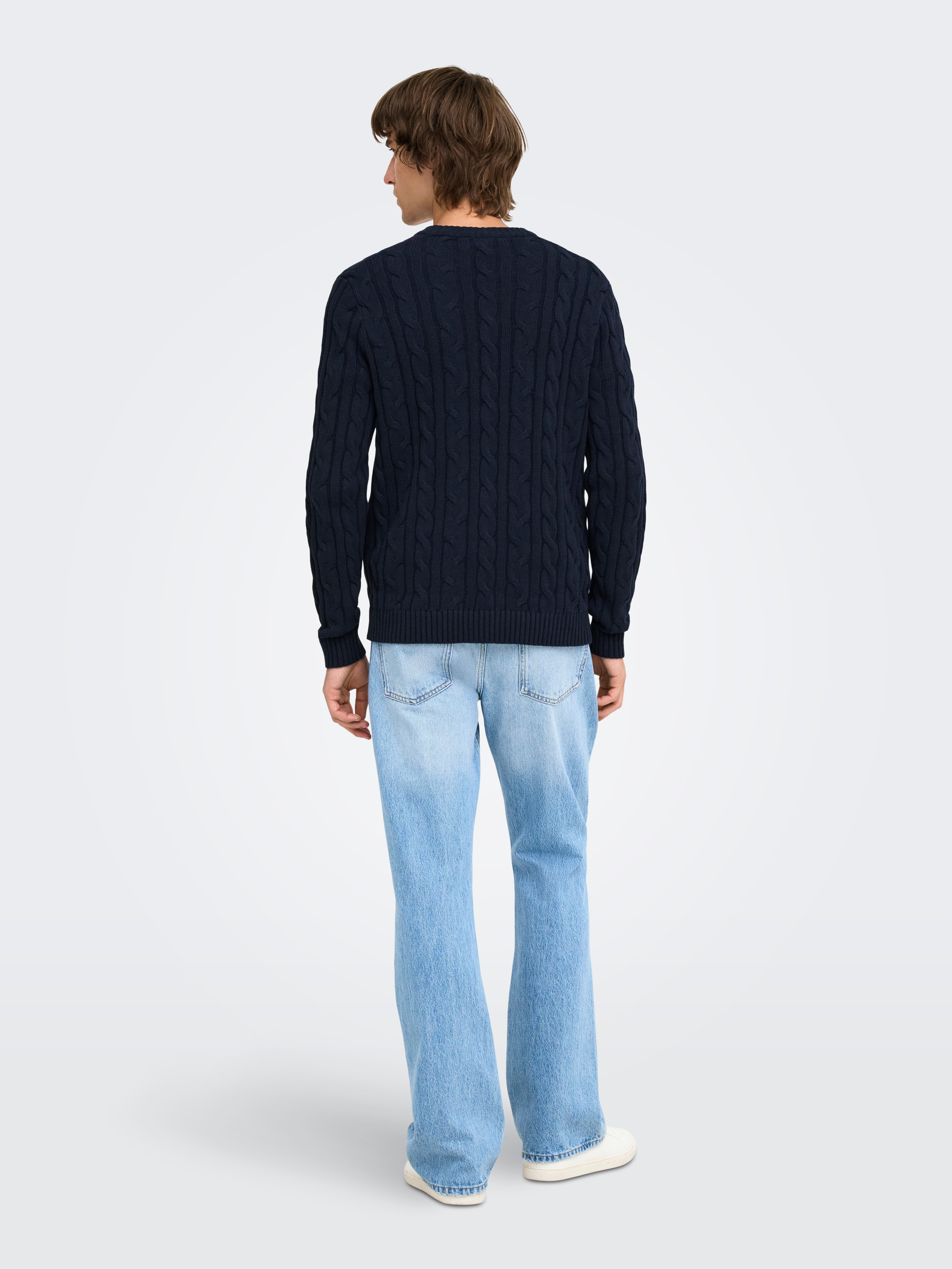 Camisola de Malha Entrançada e Gola Redonda Azul-marinho-4
