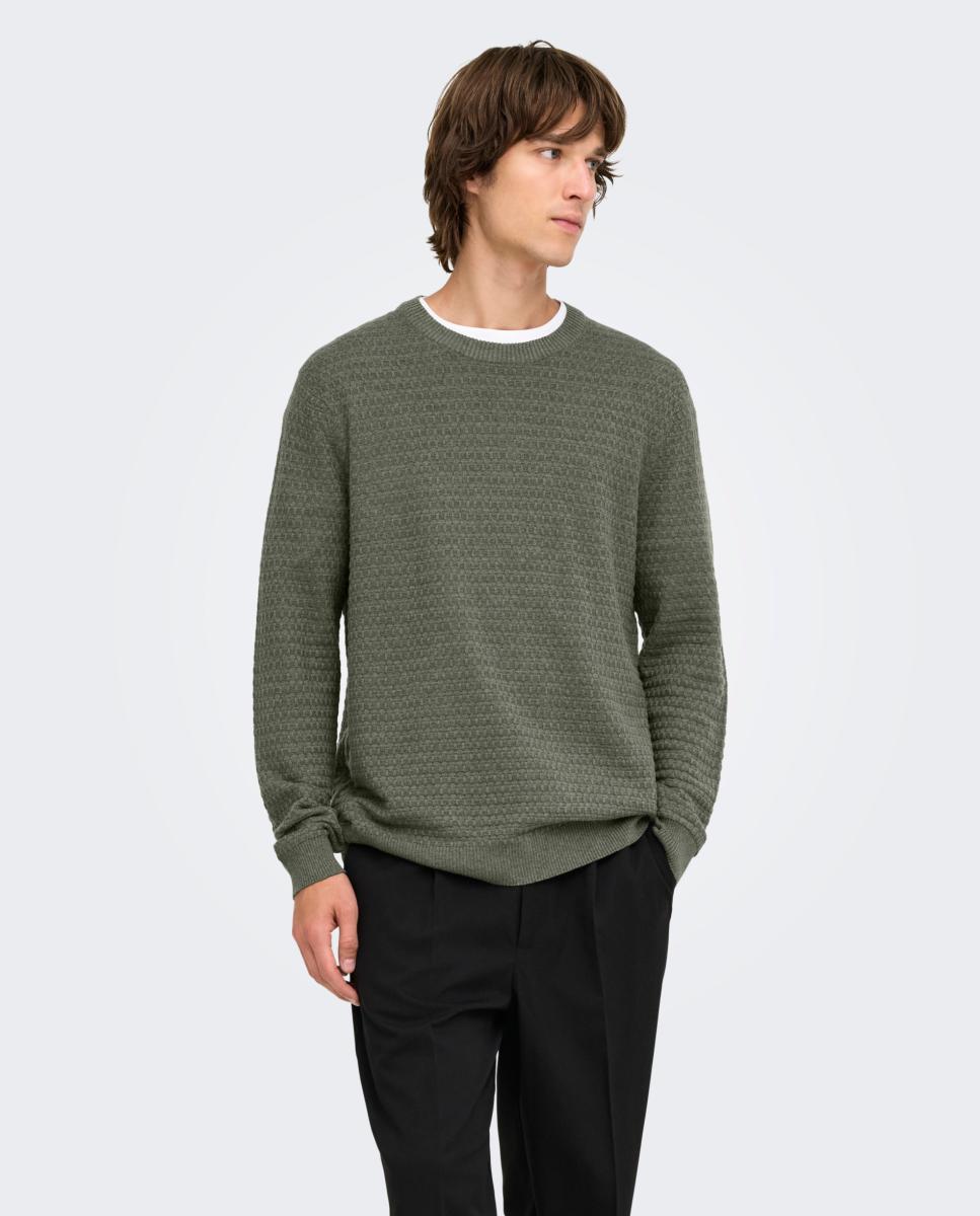 Jersey de hombre texturizado con cuello redondo - Only & Sons - Verde Verde-1