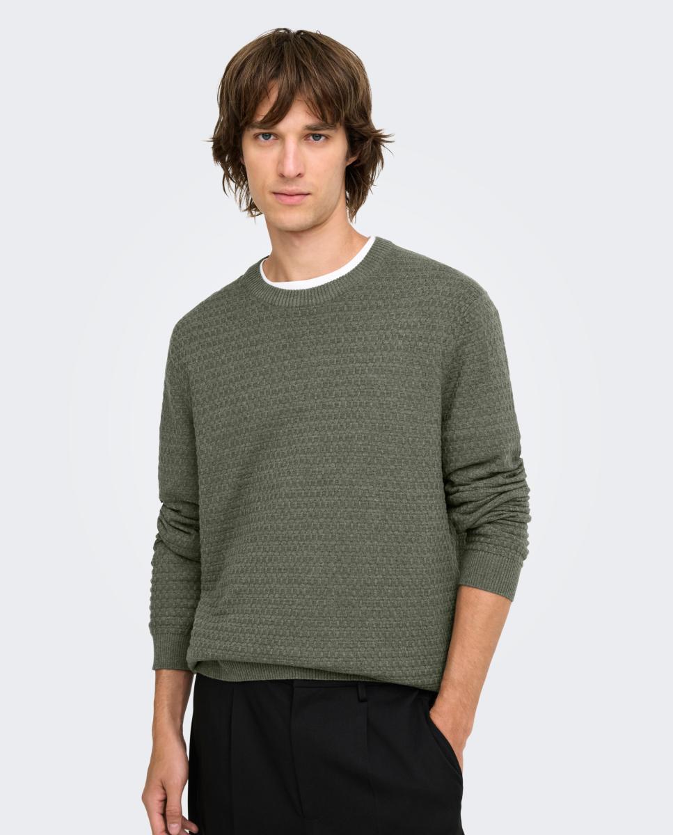 Jersey de hombre texturizado con cuello redondo - Only & Sons - Verde Verde-3