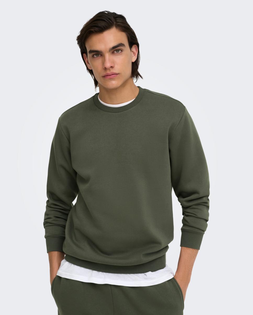 Sweatshirt de Homem Básica com Decote Redondo Verde-escuro-2