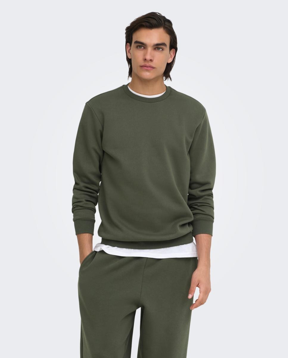 Sweatshirt de Homem Básica com Decote Redondo Verde-escuro-3