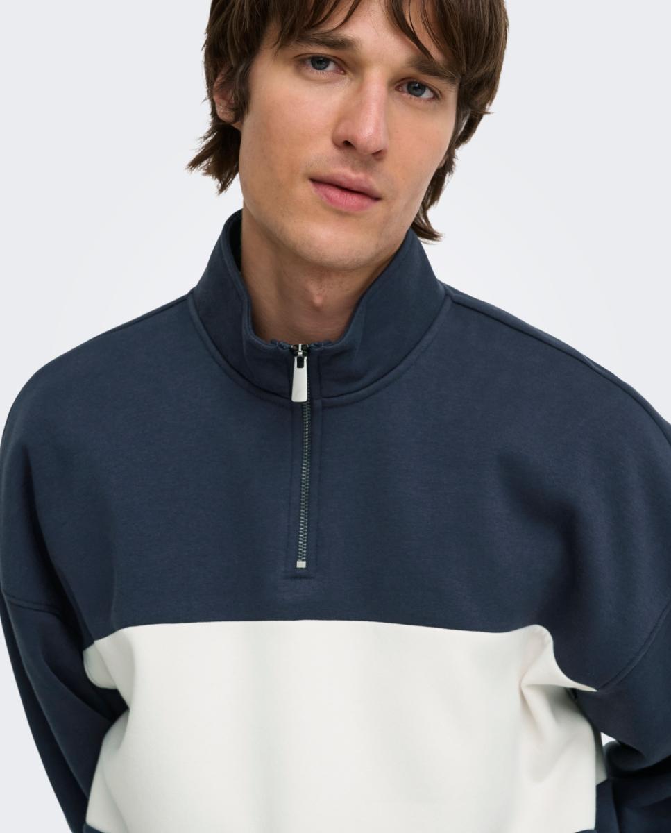 Sweatshirt de Homem com Fecho de Correr até ao Peito Azul-2