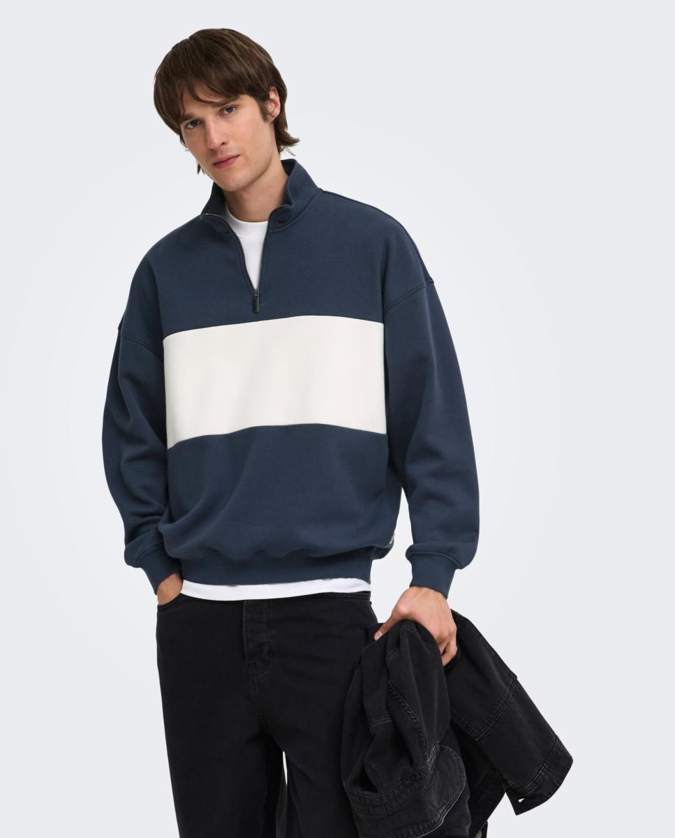 Sweatshirt de Homem com Fecho de Correr até ao Peito Azul-3