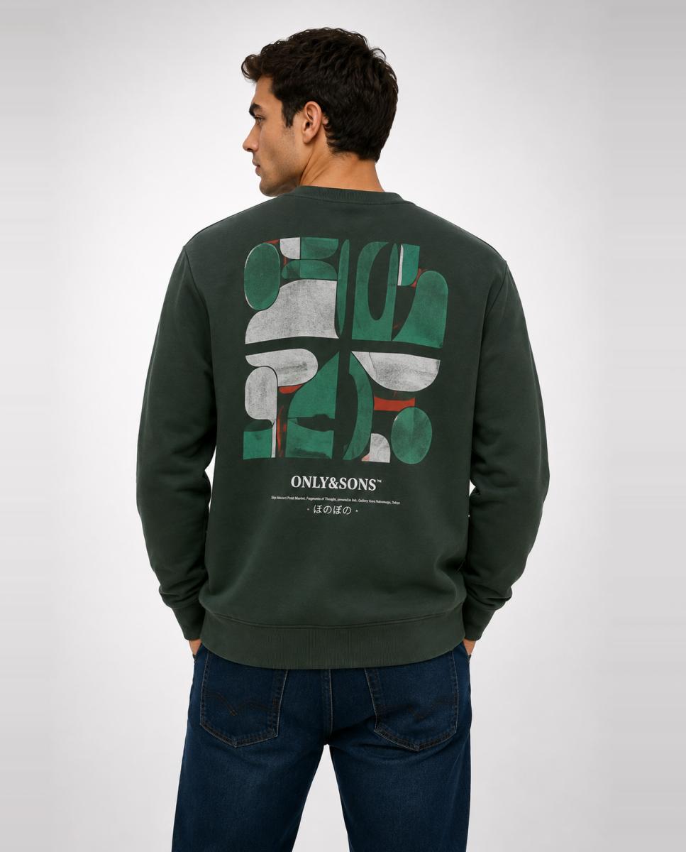 Sweatshirt de Homem com Gola Redonda e Estampado Traseiro Verde-escuro-2
