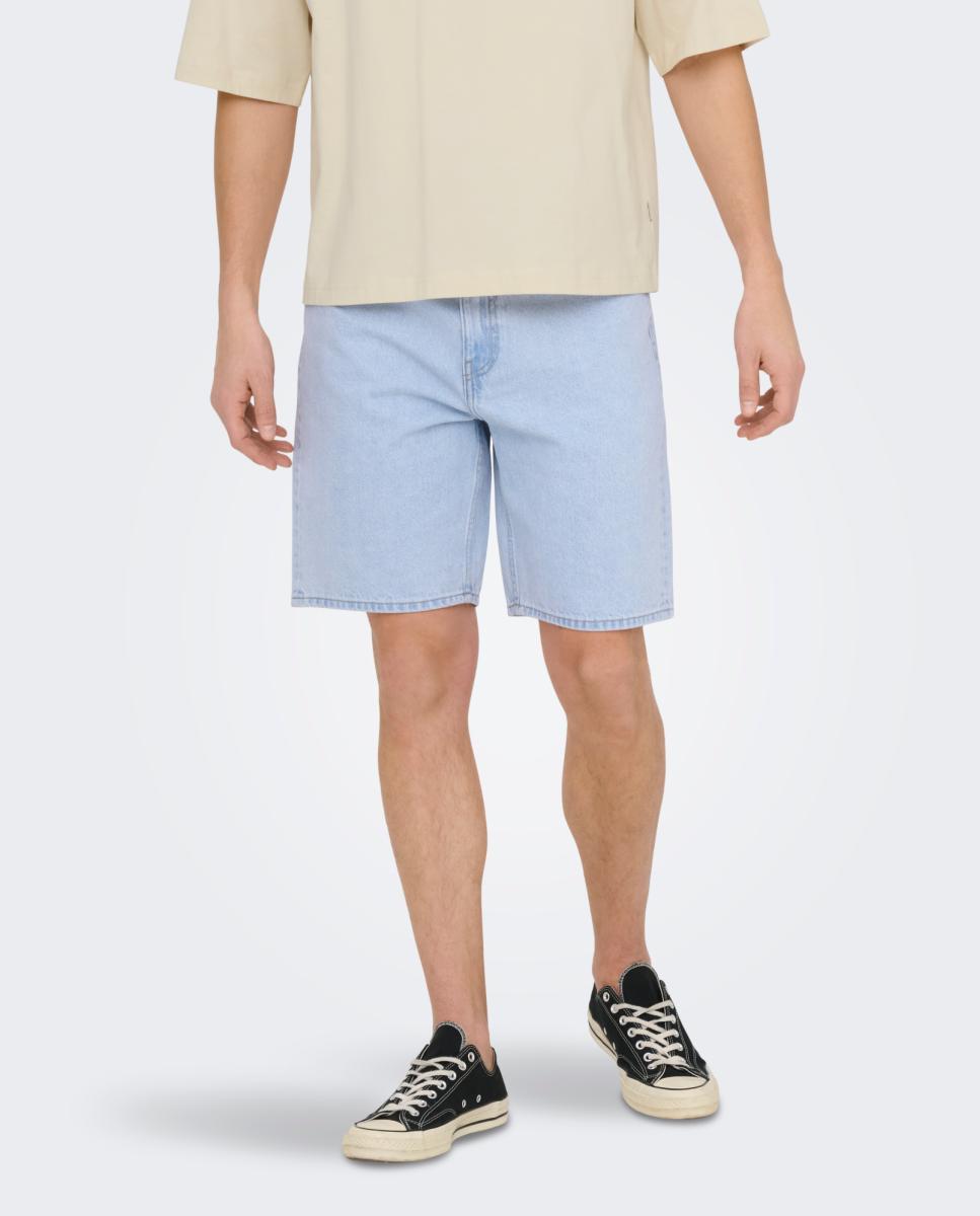 Bermudas de Ganga Straight Fit. 100% Algodão Azul-claro-3
