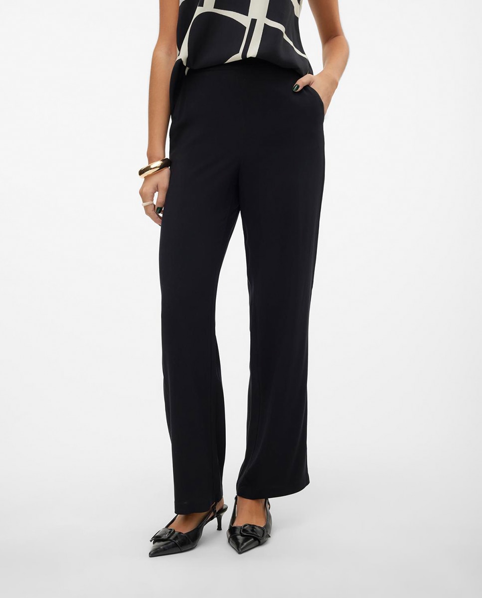 Calças fluidas estampadas de mulher Preto-2