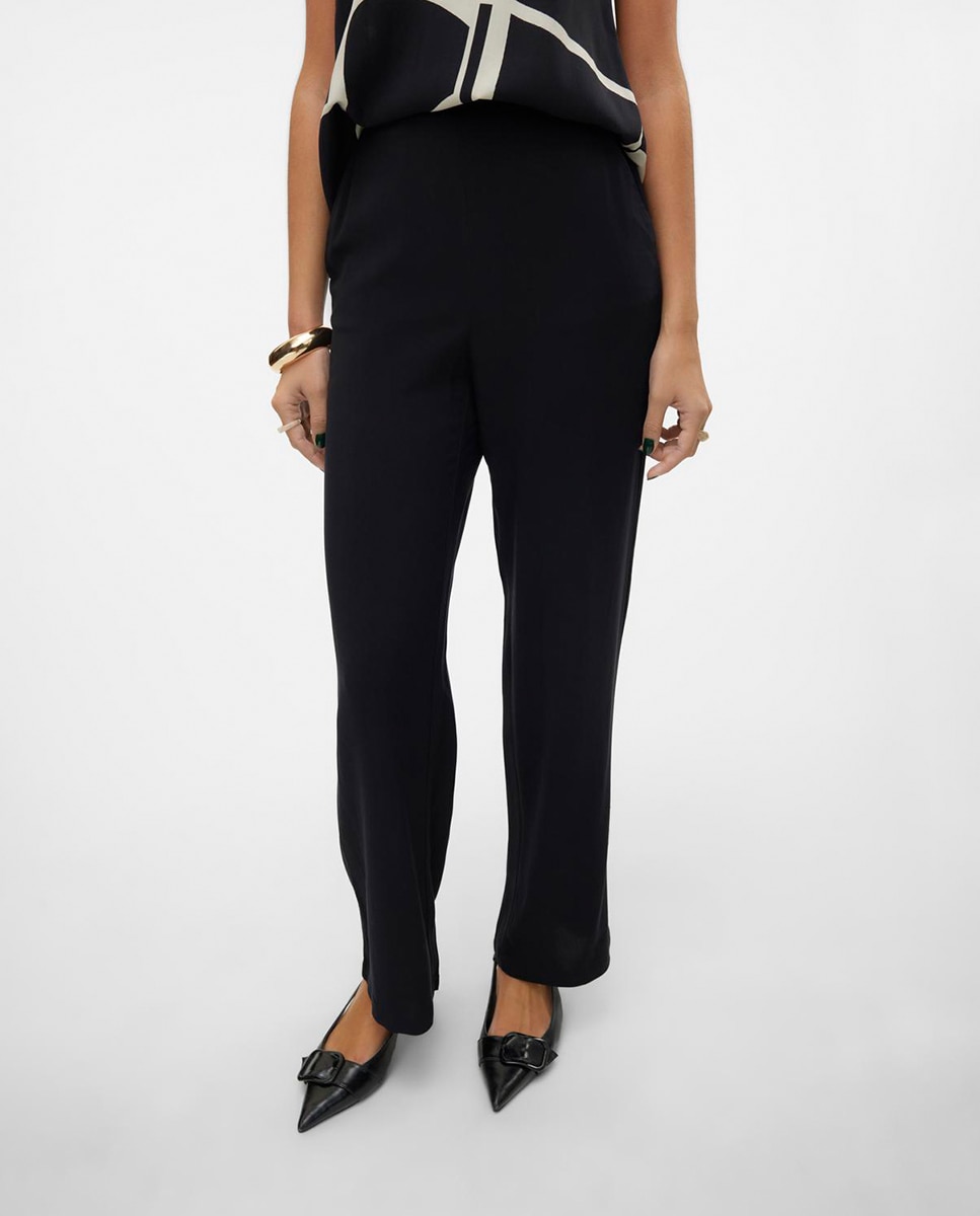 Calças fluidas estampadas de mulher Preto-4