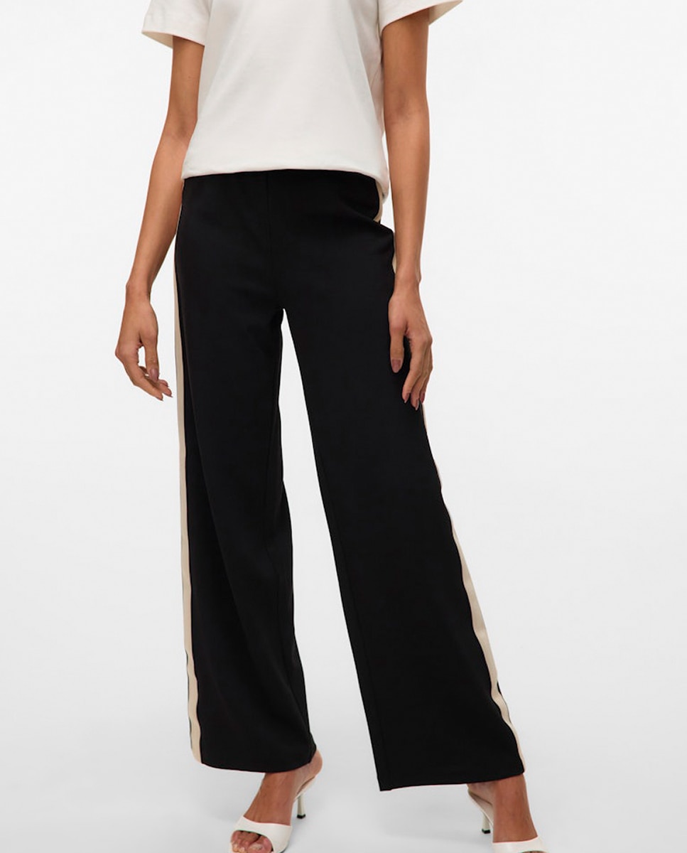 Calças Wide com Fita Lateral Preto-4