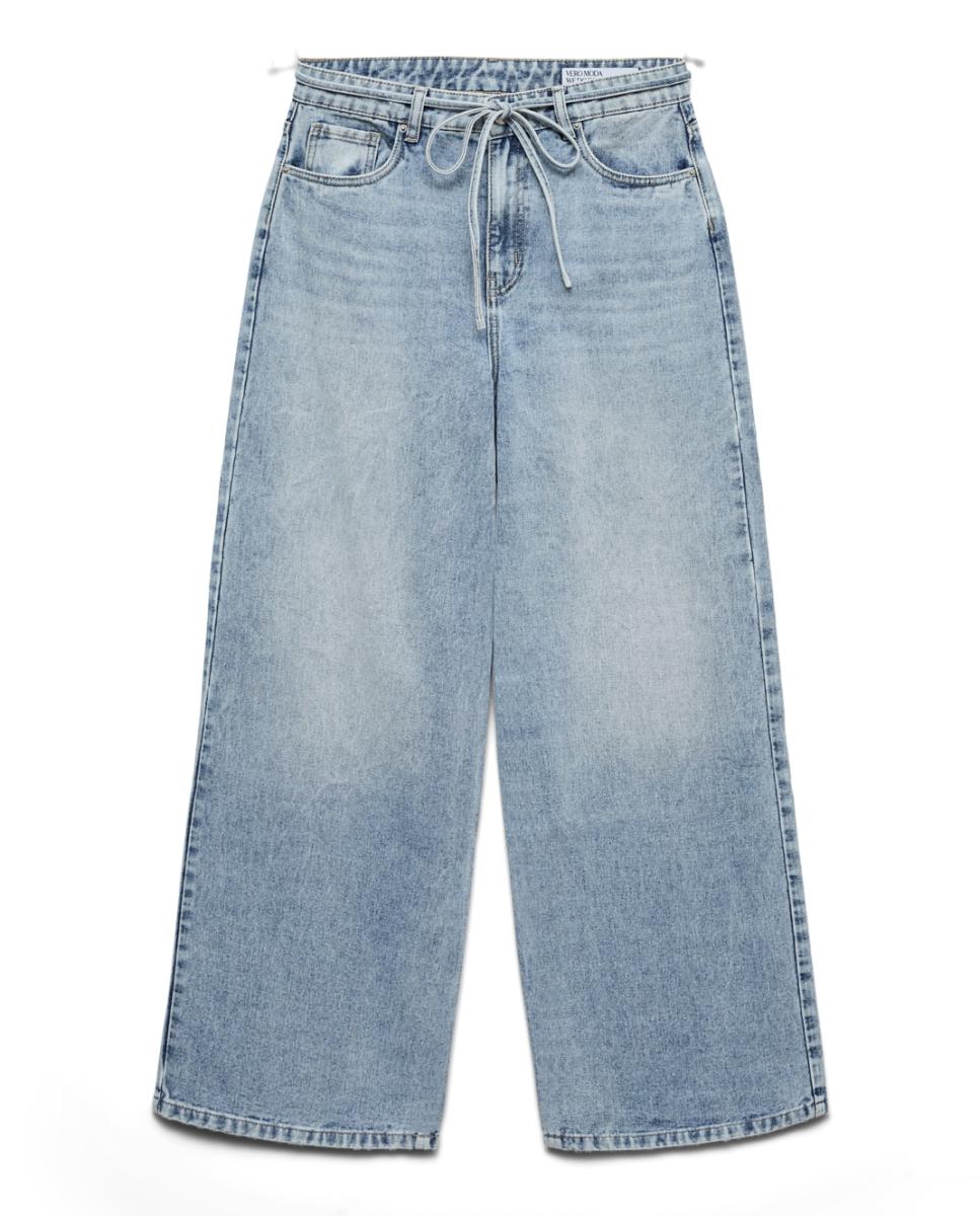 Calças Wide Leg com Cordão Azul-claro-5