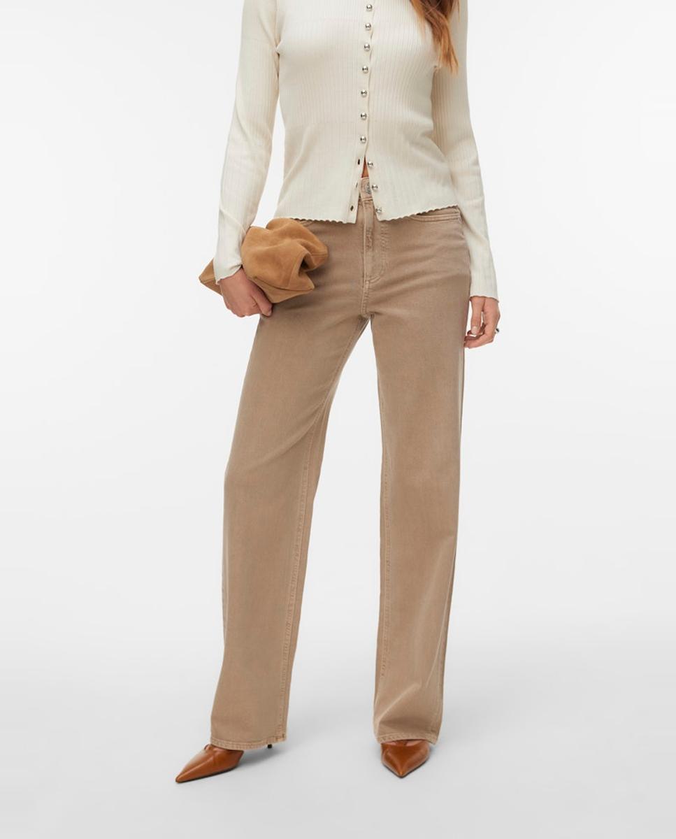 Jeans Regular com Cintura Subida Bege-2