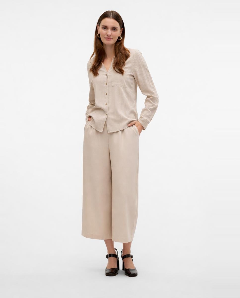 Pantalon culotte de lino de mujer - Vero Moda - Lana Blanco hielo-1