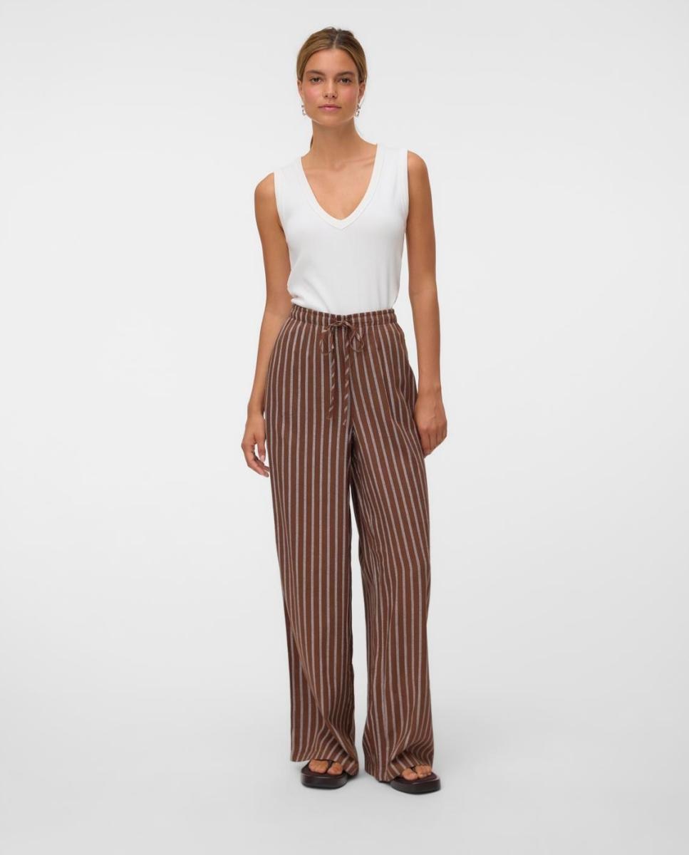 Pantalón largo de lino de mujer - Vero Moda - Negro Topo-1