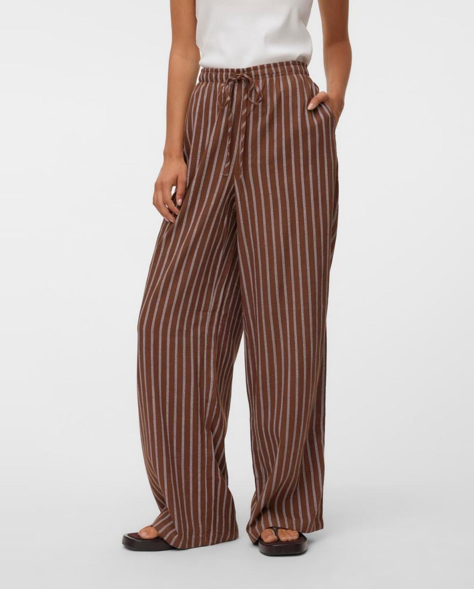 Pantalón largo de lino de mujer - Vero Moda - Negro Topo-3