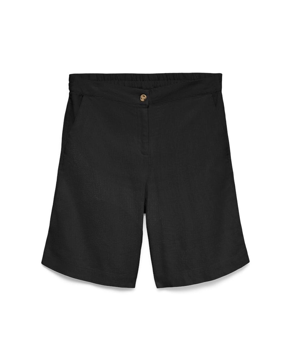 Calções em Tecido de Linho com Cintura Elástica Preto-5