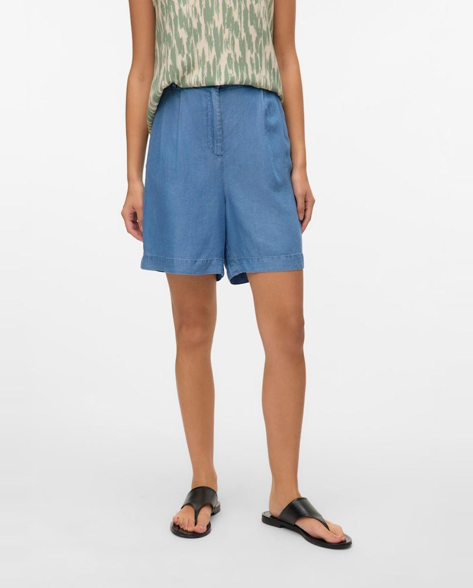 Calções em Tecido de Tencel com Bolsos Azul-2