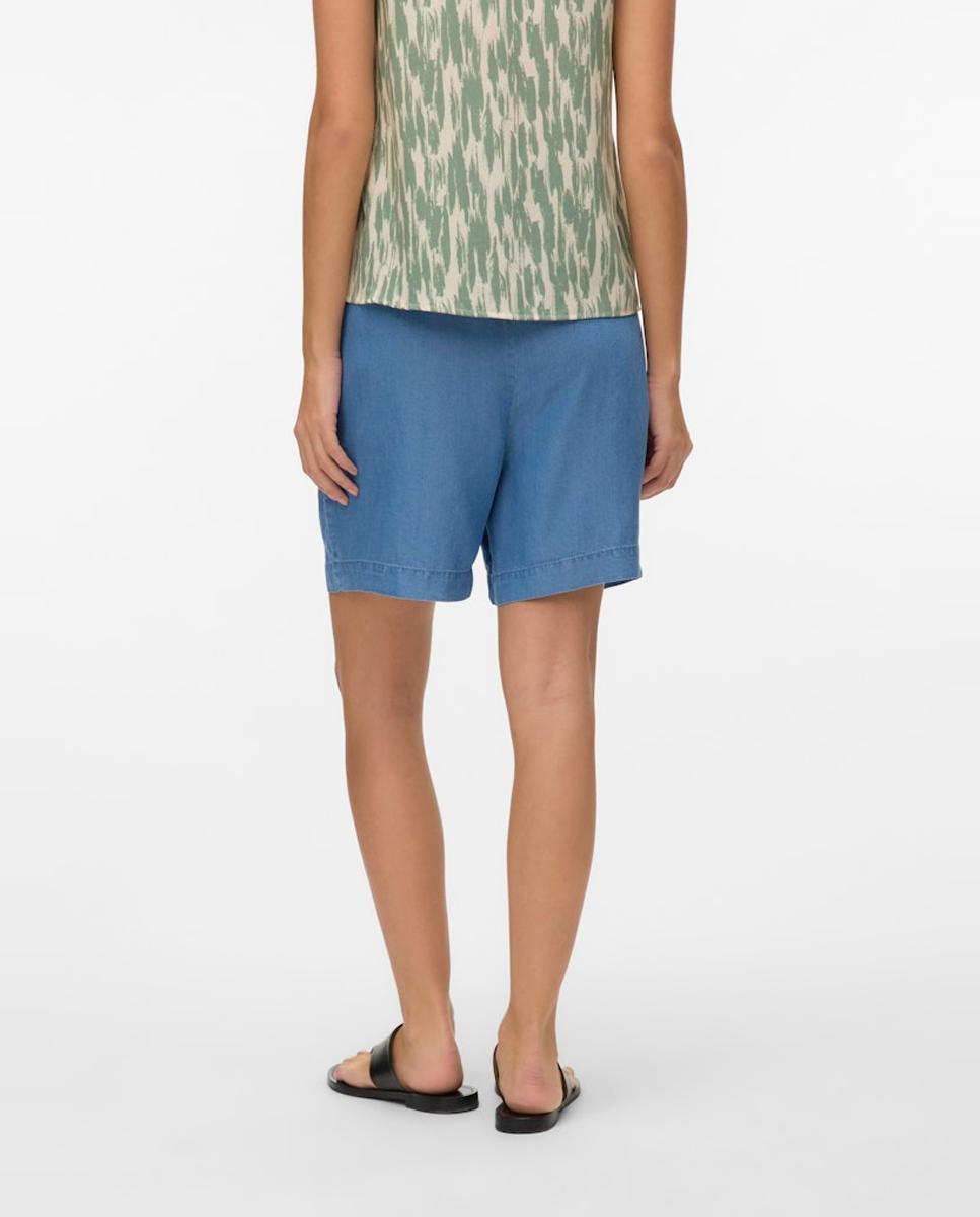 Calções em Tecido de Tencel com Bolsos Azul-3
