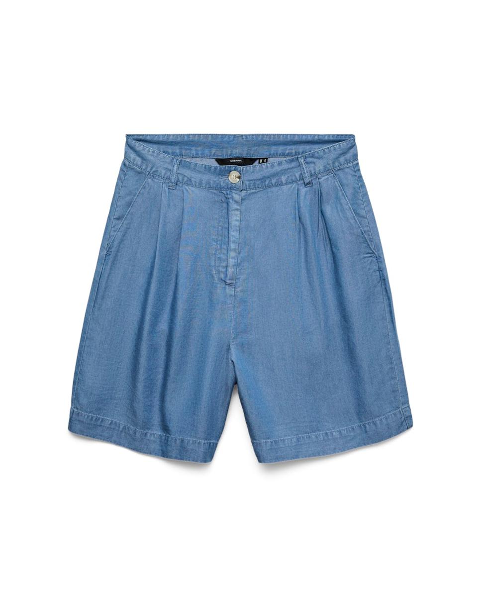 Calções em Tecido de Tencel com Bolsos Azul-6