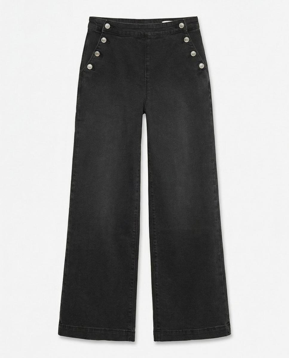 Jeans Largas com Desenho de Botões Preto-7