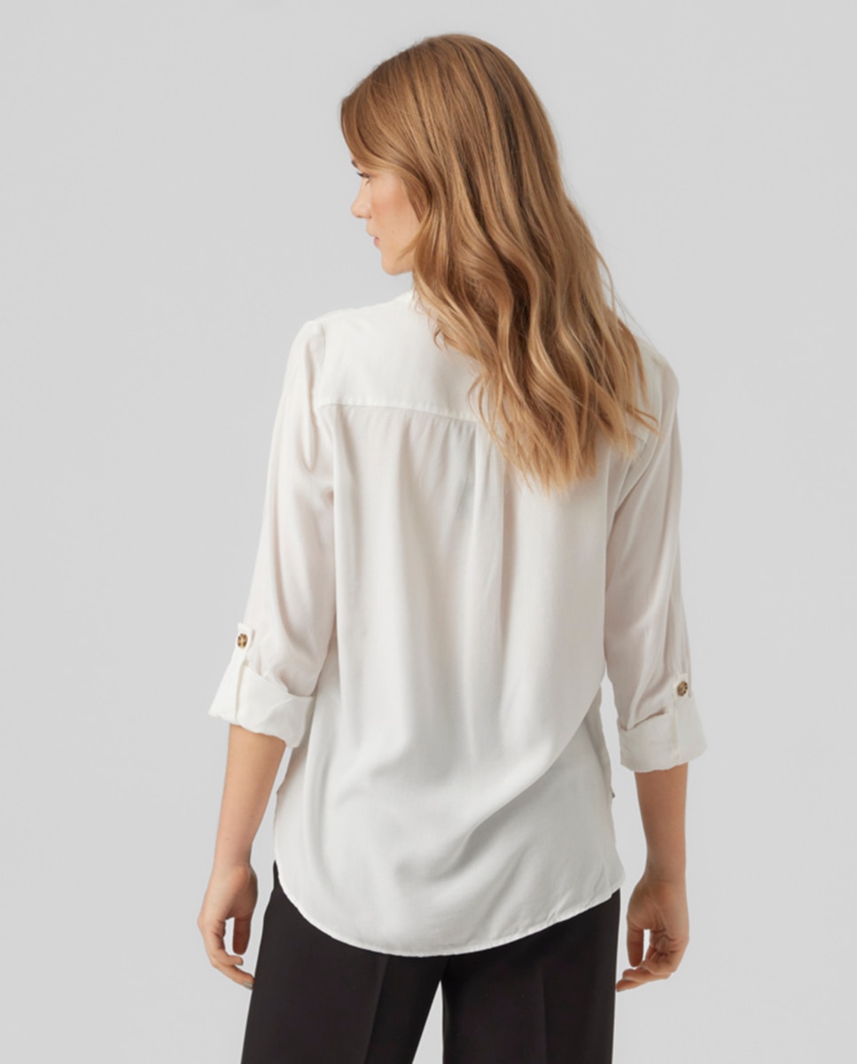 Camisa de Manga Curta com Decote em Bico Branco-2
