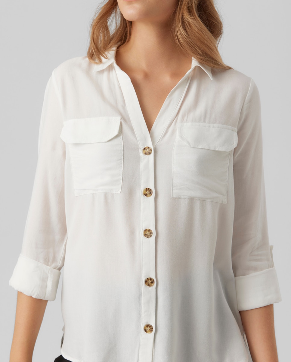 Camisa de Manga Curta com Decote em Bico Branco-3