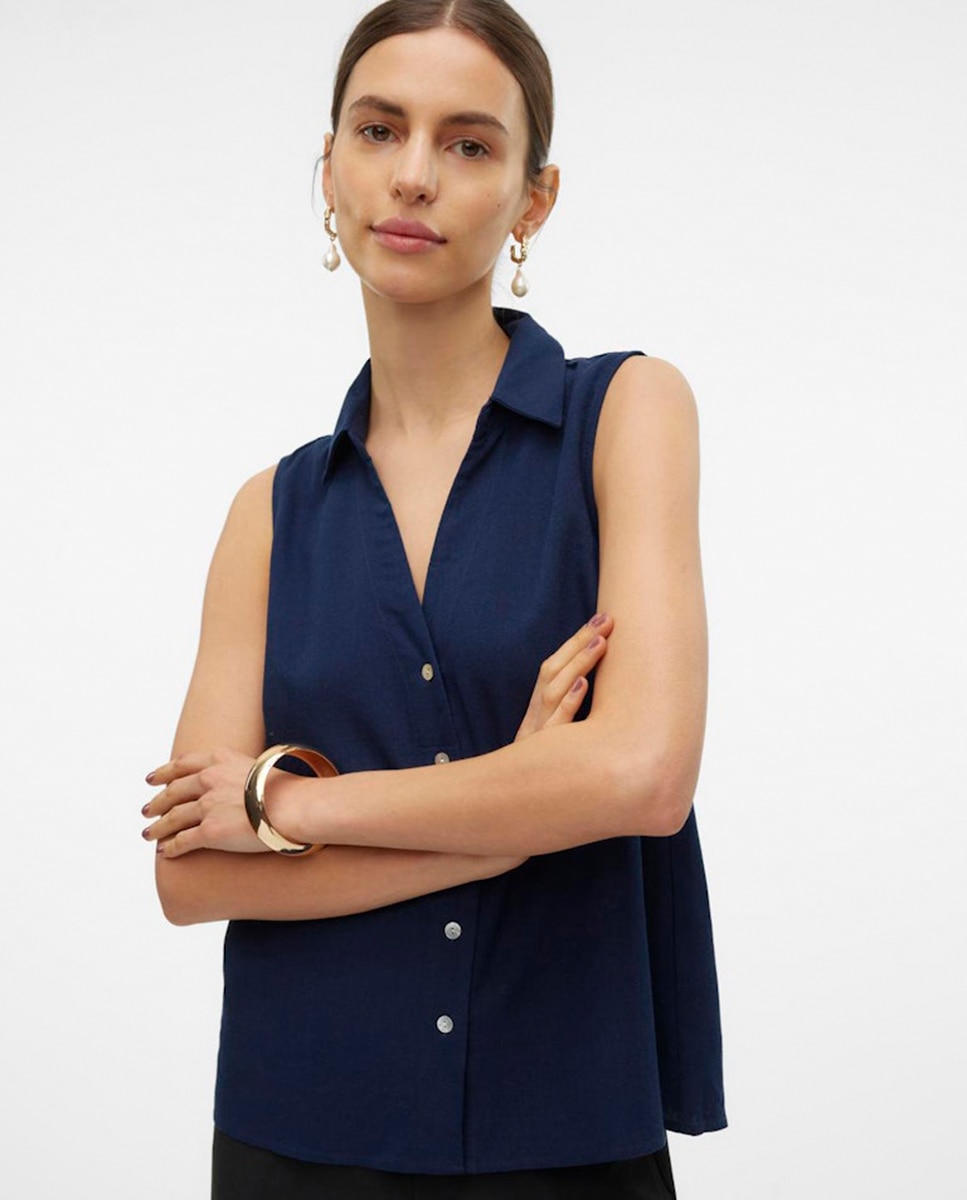 Blusa sin mangas de corte camisero - Vero Moda - Azul marino Azul marino-1