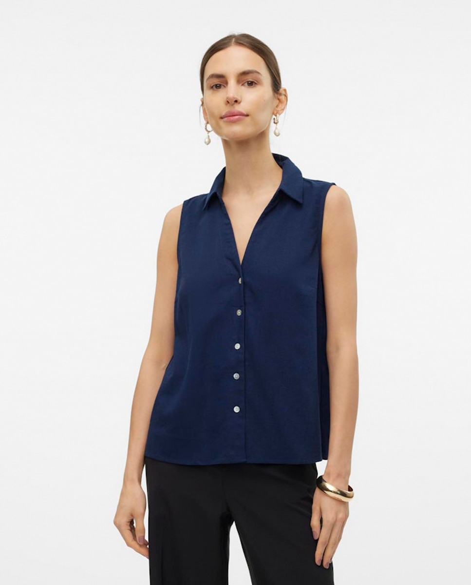 Blusa sin mangas de corte camisero - Vero Moda - Azul marino Azul marino-4